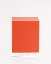 Rectangular red box with a white label on a white background