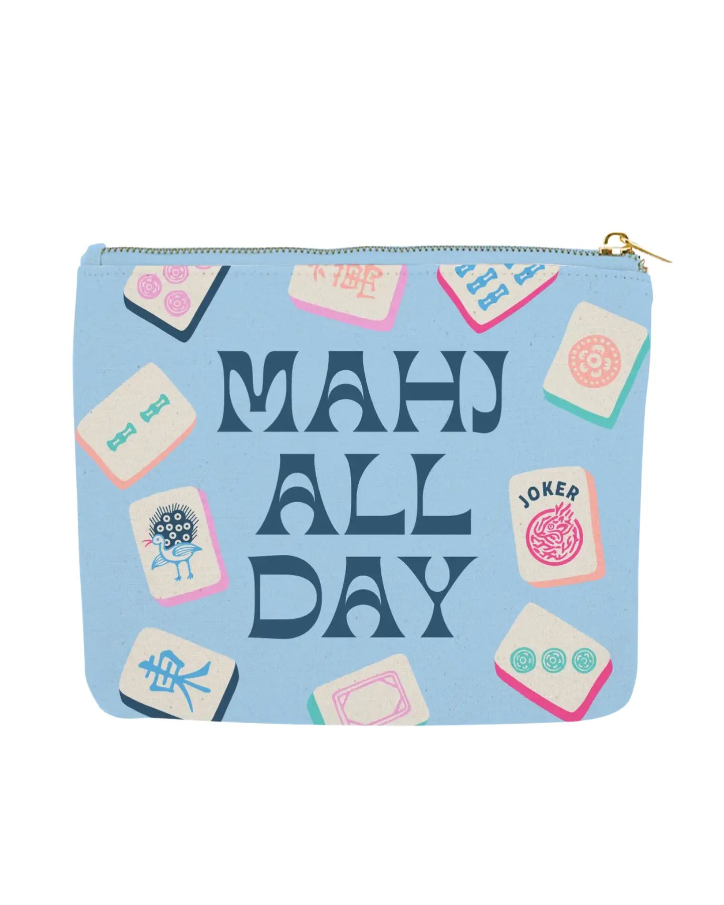 Pouch with 'Mahj All Day' text and mahjong design on a light blue background