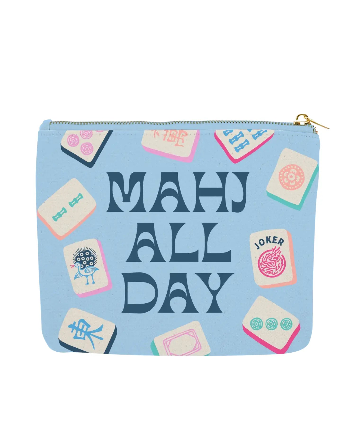 Pouch with 'Mahj All Day' text and mahjong design on a light blue background