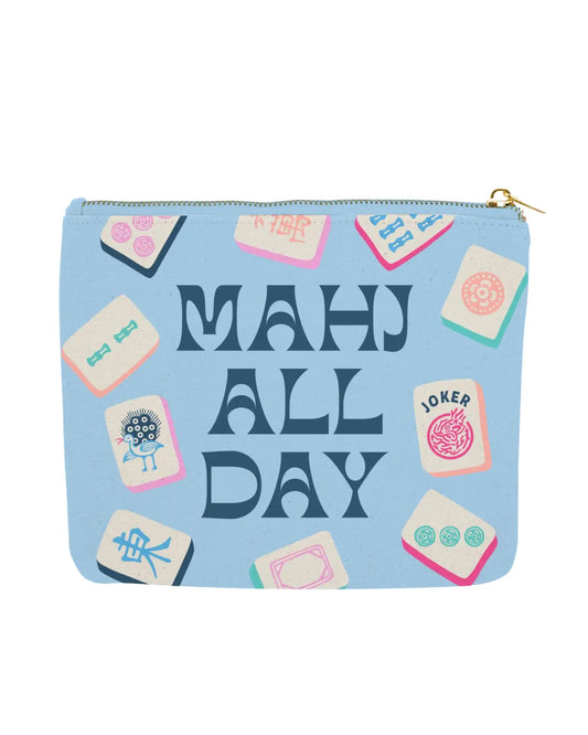 Pouch with 'Mahj All Day' text and mahjong design on a light blue background