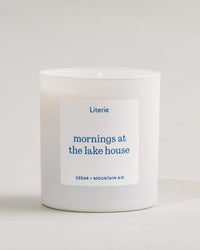 'mornings at the lake house' candle by Literie on a white background