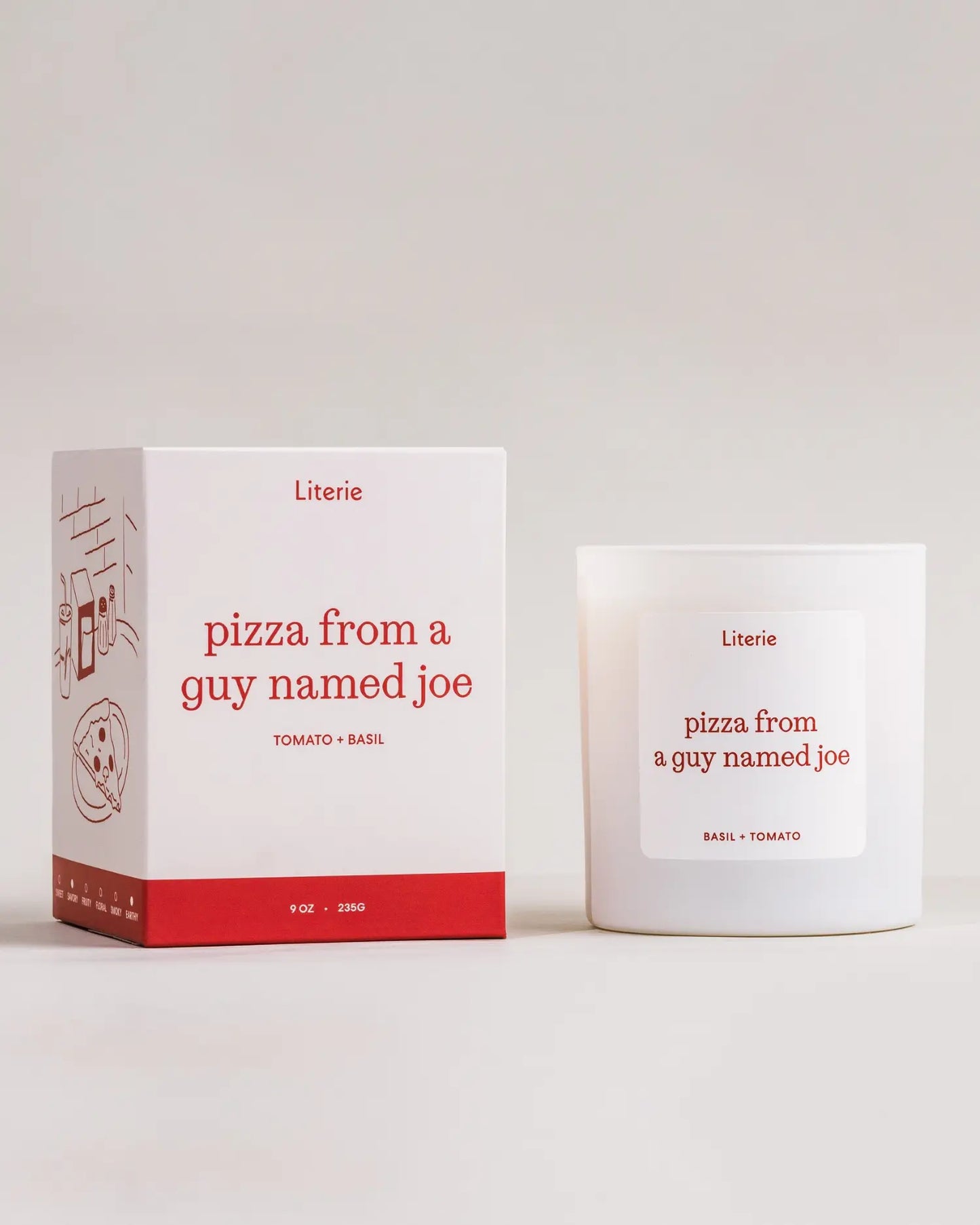 Candle and packaging for 'pizza from a guy named Joe' by Literie on a light background