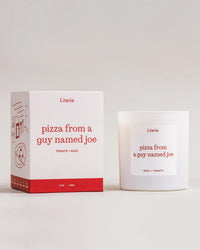 Candle and packaging for 'pizza from a guy named Joe' by Literie on a light background