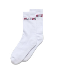 White Clueless "Whatever" socks with red text on a white background
