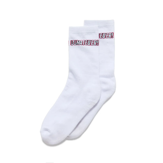 White Clueless "Whatever" socks with red text on a white background