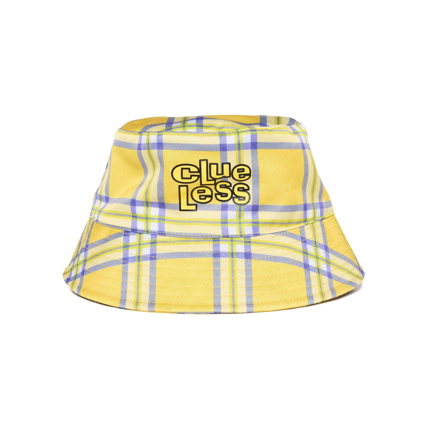Yellow plaid bucket hat with 'clueless' text on a white background