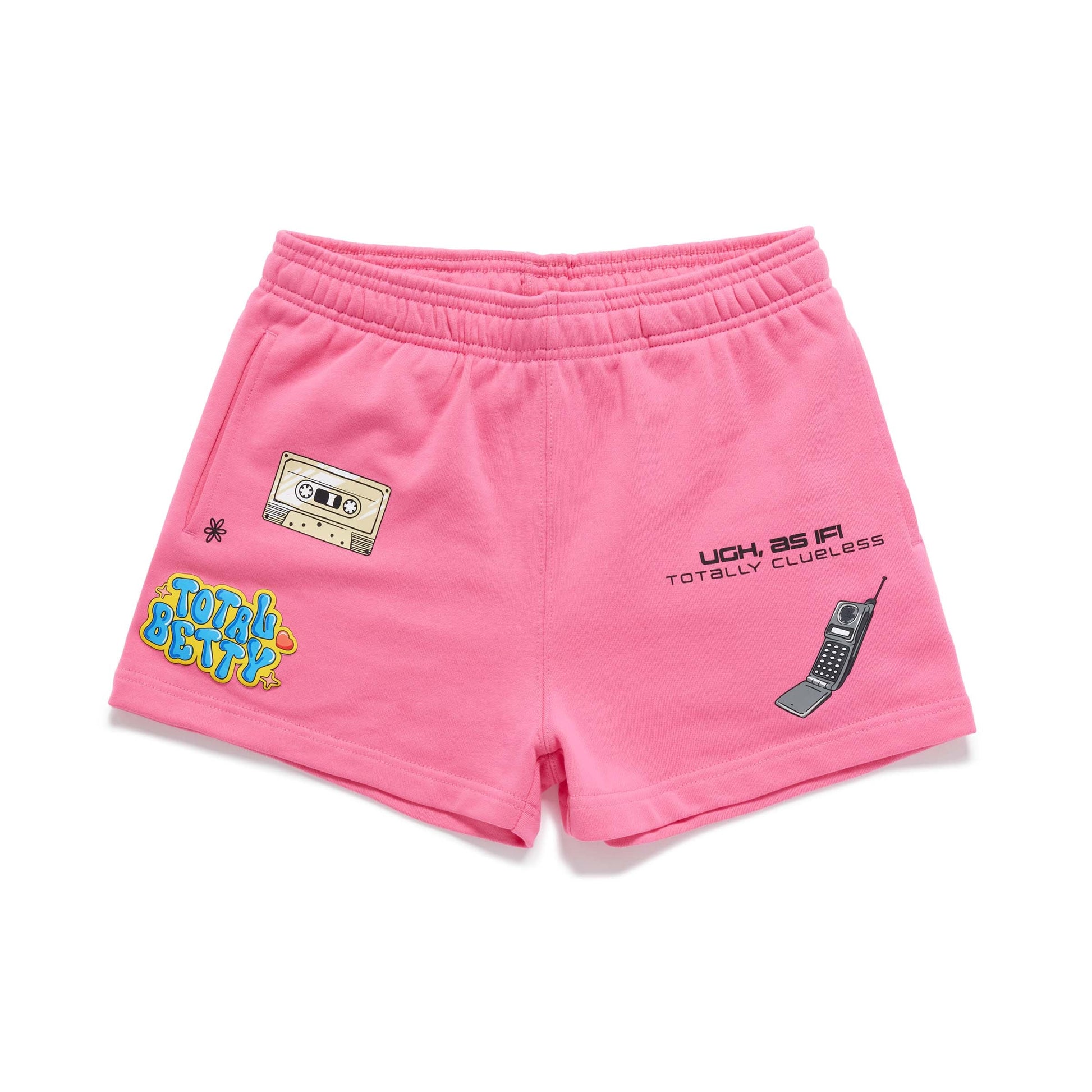 Pink Clueless shorts with text and graphics on a white background