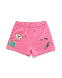 Pink Clueless shorts with text and graphics on a white background
