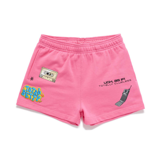 Pink Clueless shorts with text and graphics on a white background