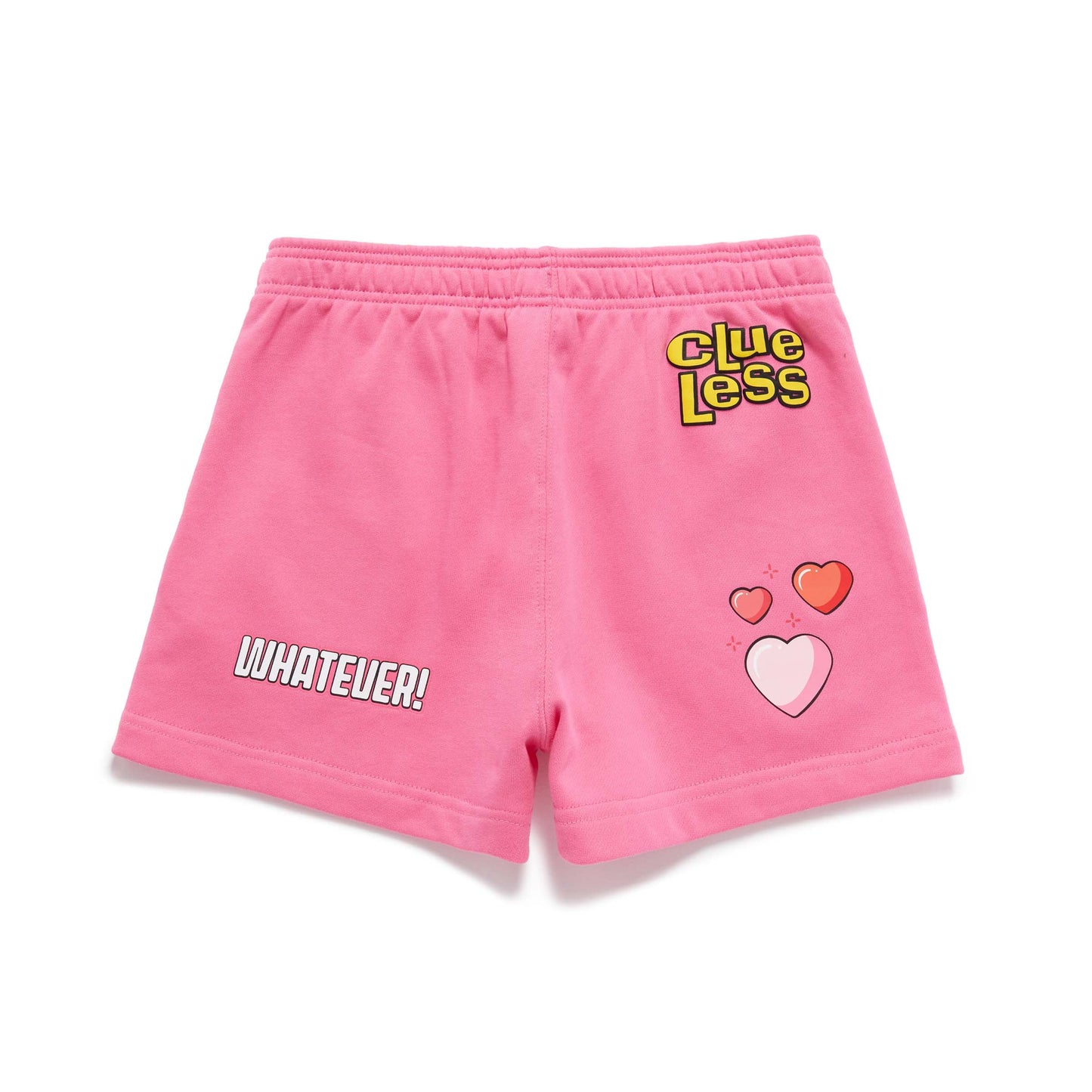 Pink shorts with text and graphics on a white background