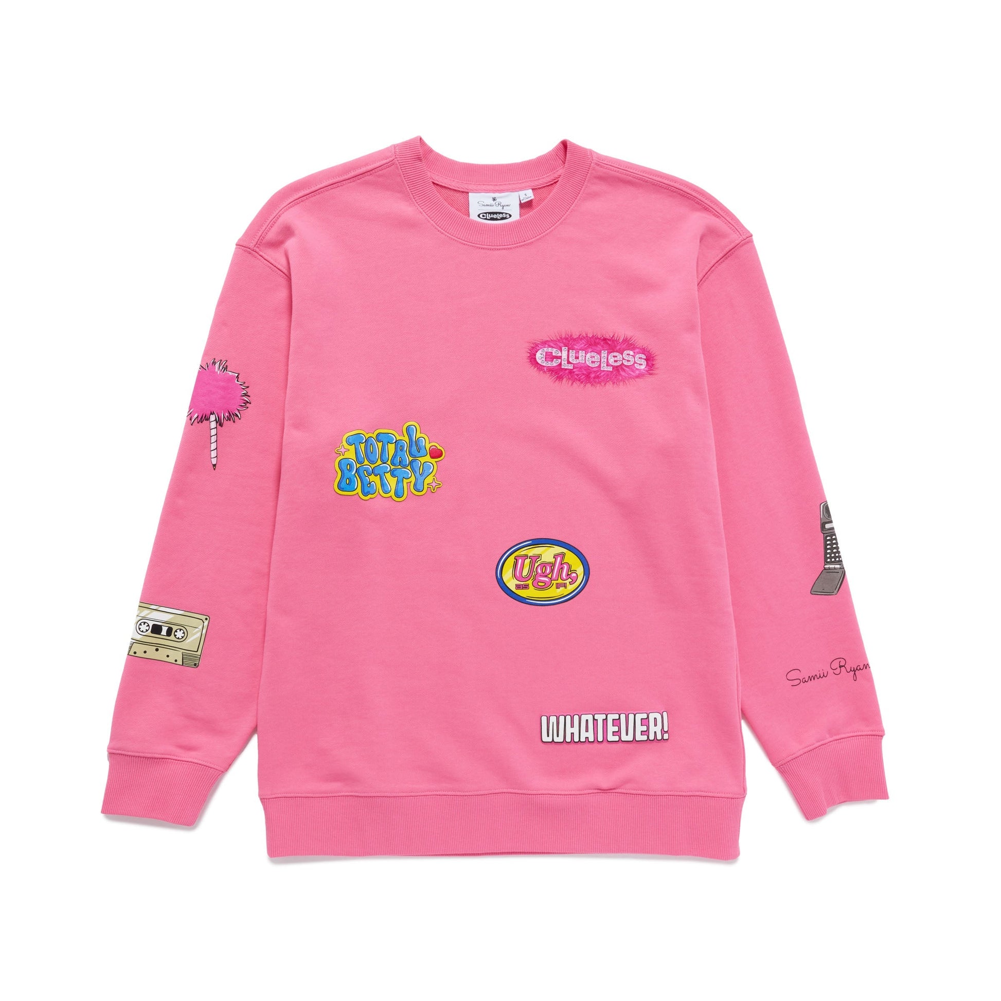 Pink Clueless sweatshirt with various graphics and text on a white background
