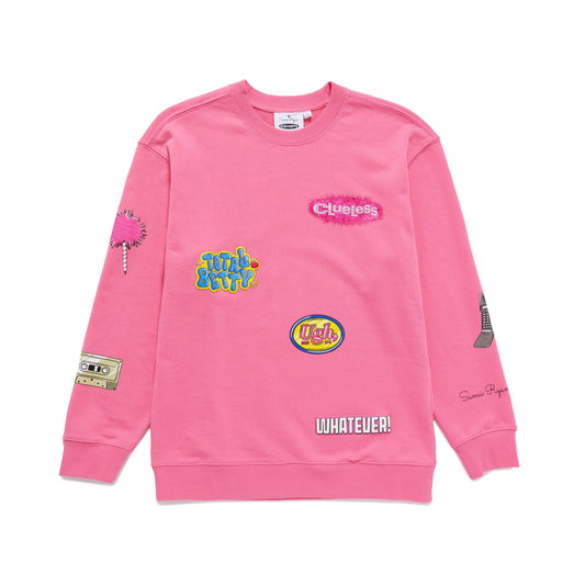Pink Clueless sweatshirt with various graphics and text on a white background