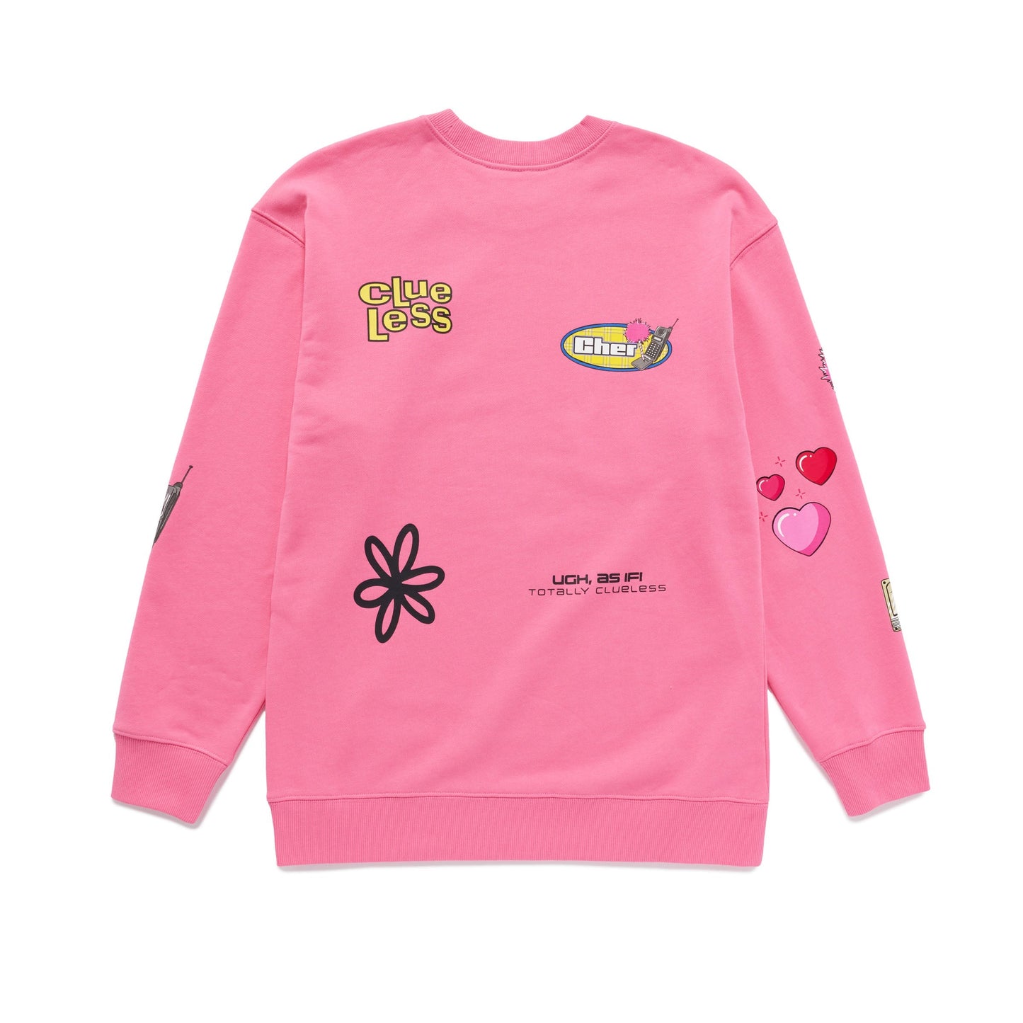 Pink sweatshirt with various graphics and text on a white background