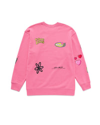 Pink sweatshirt with various graphics and text on a white background
