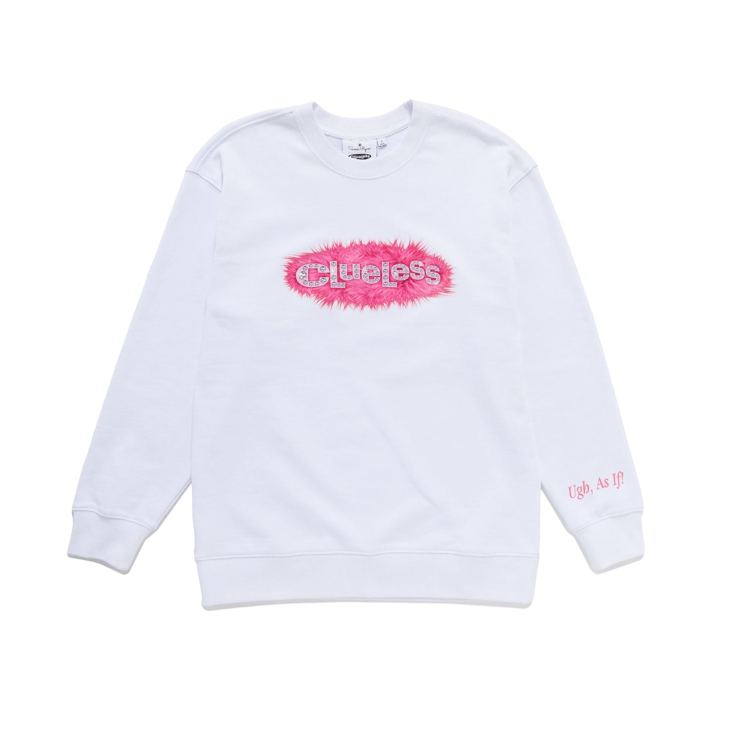 White sweatshirt with pink Clueless text on a white background