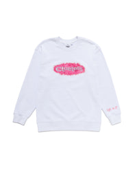White sweatshirt with pink Clueless text on a white background