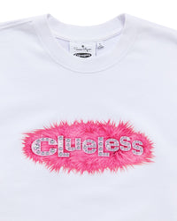 White sweatshirt with pink fluffy logo and 'Clueless' text on a white background