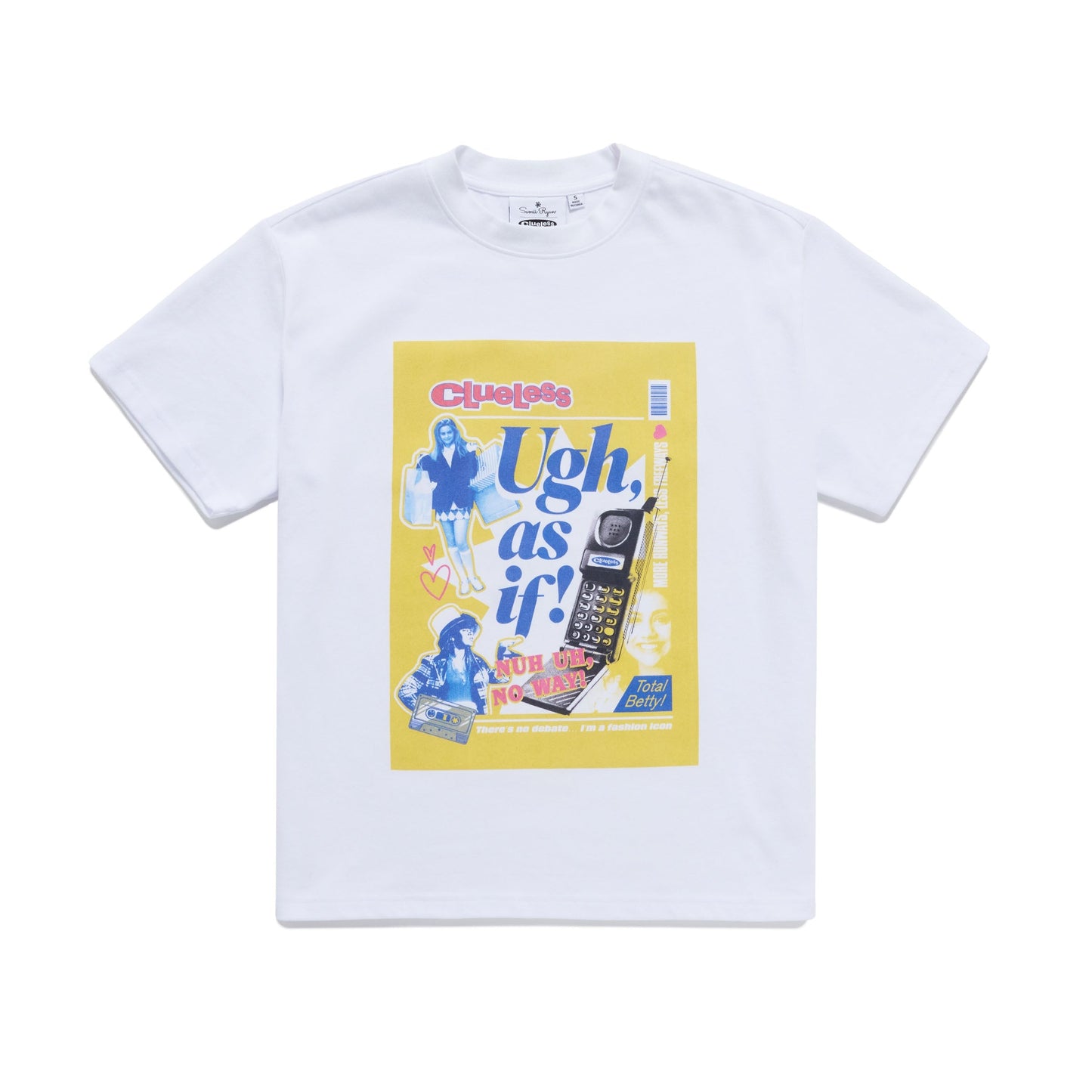 White Clueless t-shirt with a graphic design on a white background