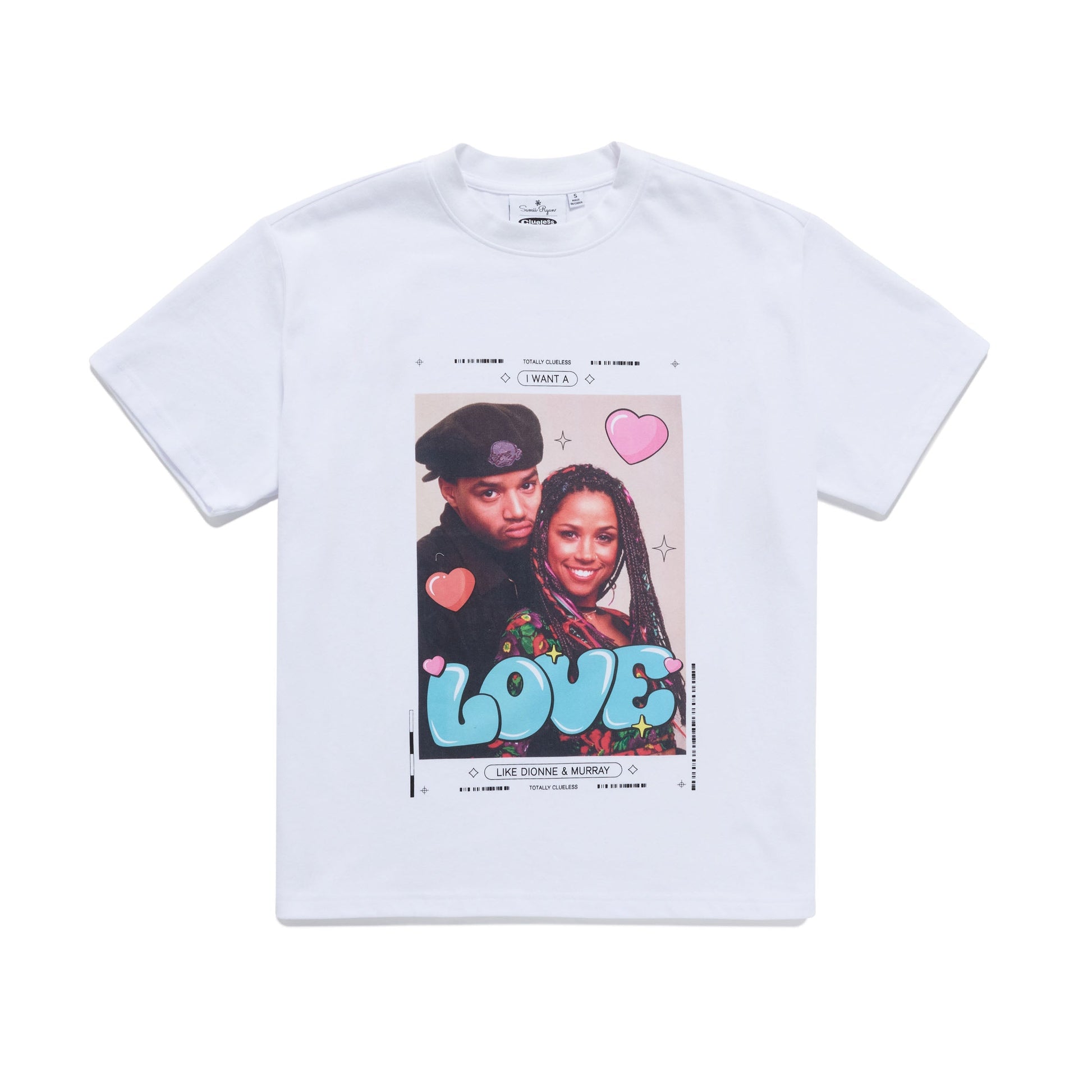 White t-shirt with a graphic of Clueless couple and the word 'LOVE' on a white background