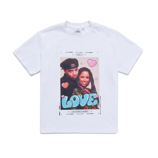 White t-shirt with a graphic of Clueless couple and the word 'LOVE' on a white background