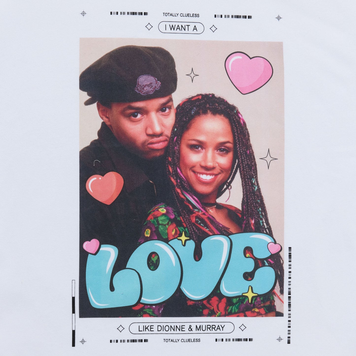Dionne and Murray from Clueless with 'LOVE' text and heart shapes on a light gray background
