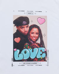 Dionne and Murray from Clueless with 'LOVE' text and heart shapes on a light gray background