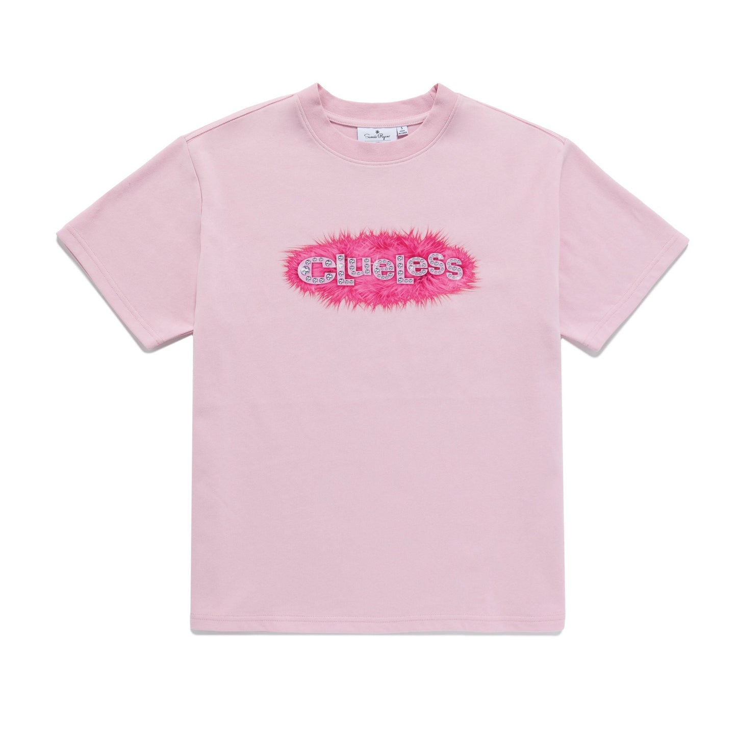 Pink t-shirt with 'Clueless' logo on a white background