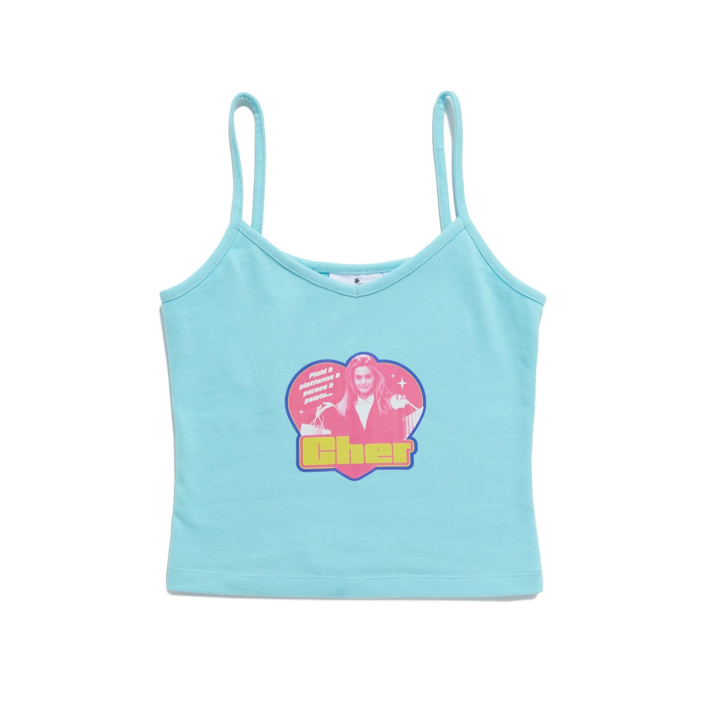 Light blue tank top with a colorful Cher graphic on a white background