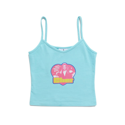 Light blue tank top with a colorful Cher graphic on a white background