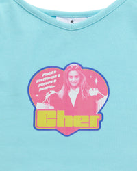 Light blue tank top with a graphic of a person in a pink heart shape and 'Cher' text on a white background.