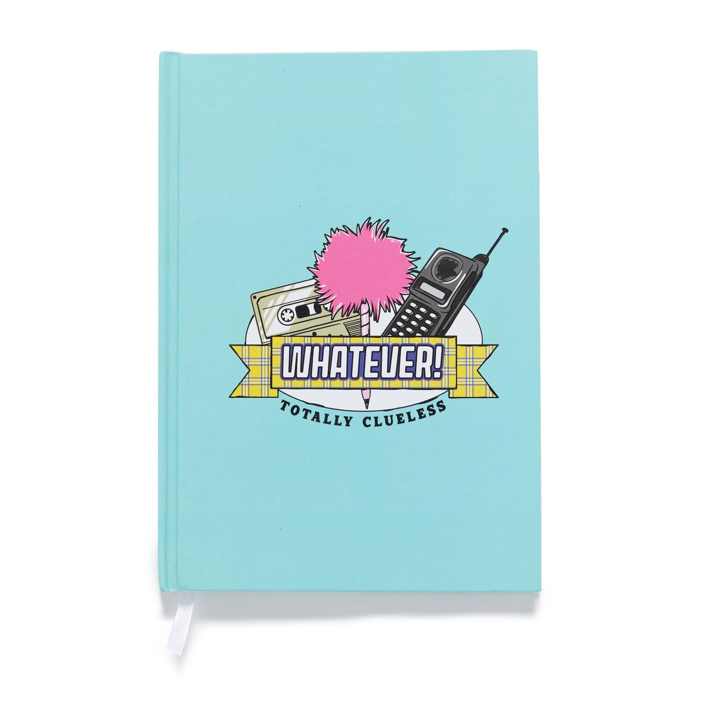 Clueless notebook with retro design elements and text on a light blue background
