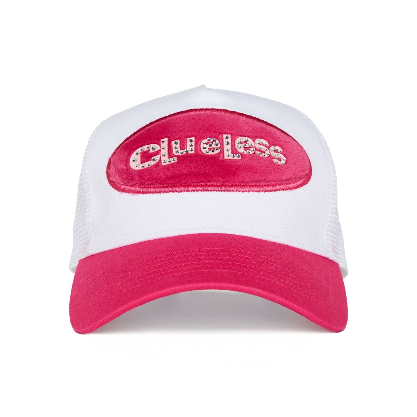 White and pink trucker cap with 'Clueless' text on a white background