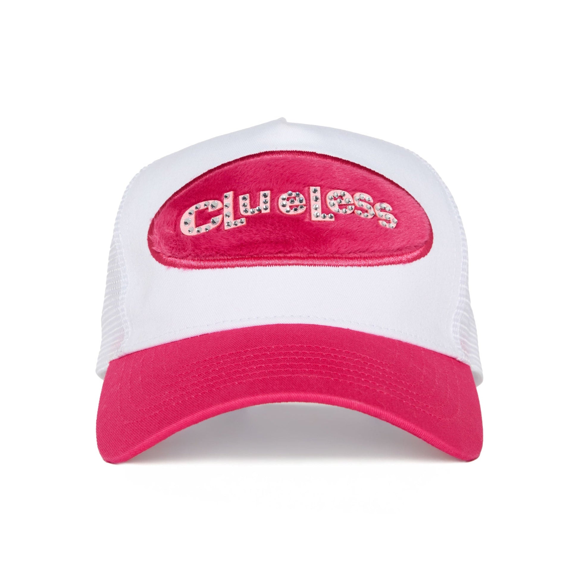 White and pink trucker cap with 'Clueless' text on a white background