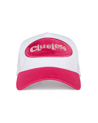 White and pink trucker cap with 'Clueless' text on a white background