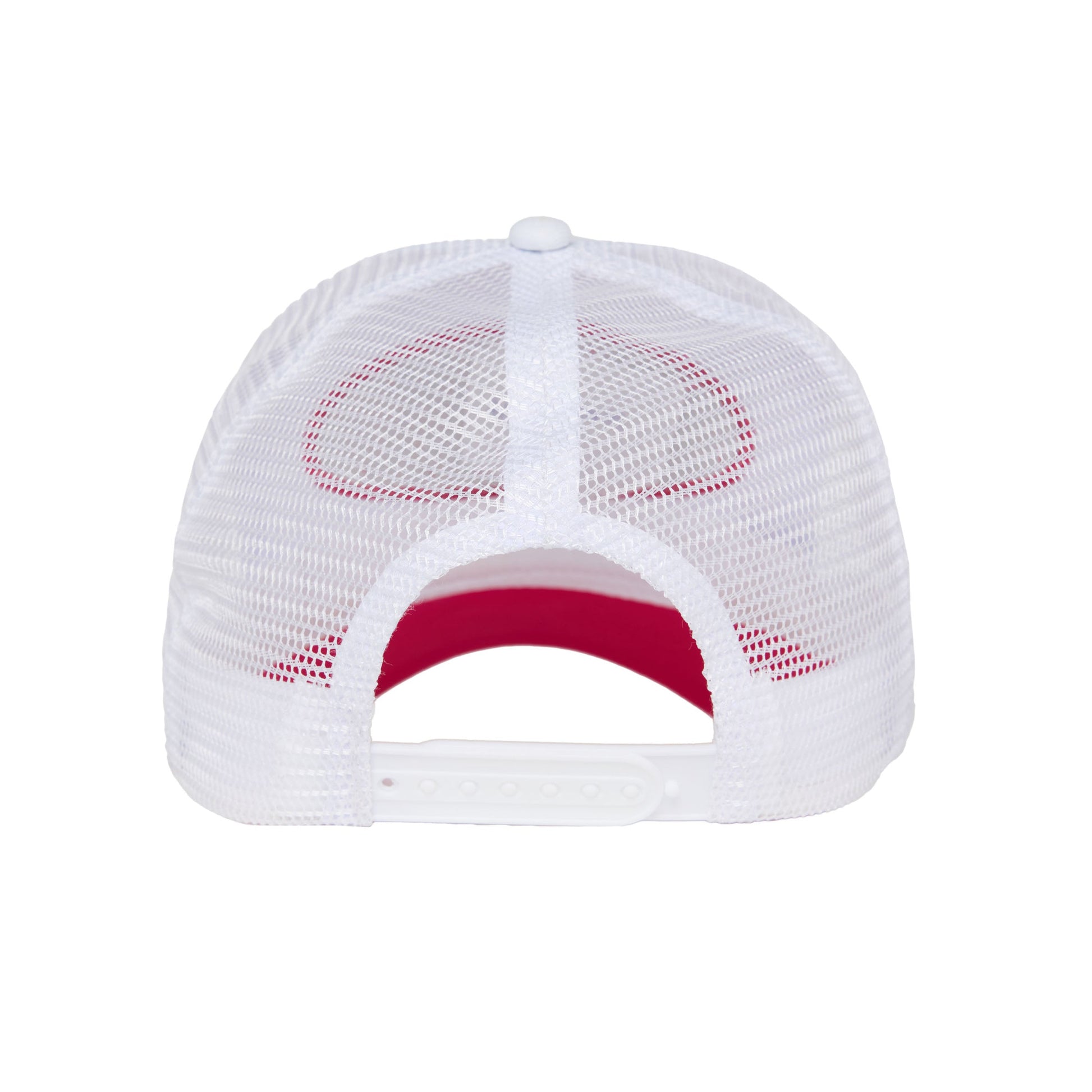 White mesh cap with pink interior on a white background