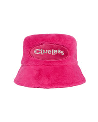 Pink fuzzy bucket hat with 'Clueless' text on a white background