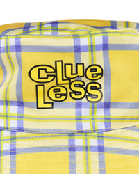 Yellow plaid fabric with 'Clueless' text in black