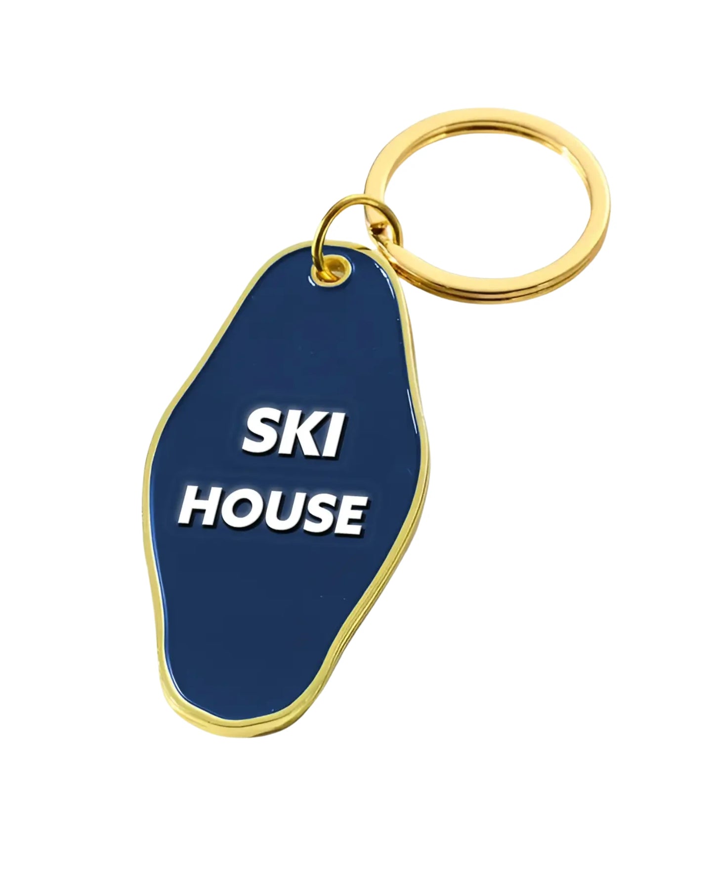 Navy blue keychain with gold edges and 'SKI HOUSE' text on a white background