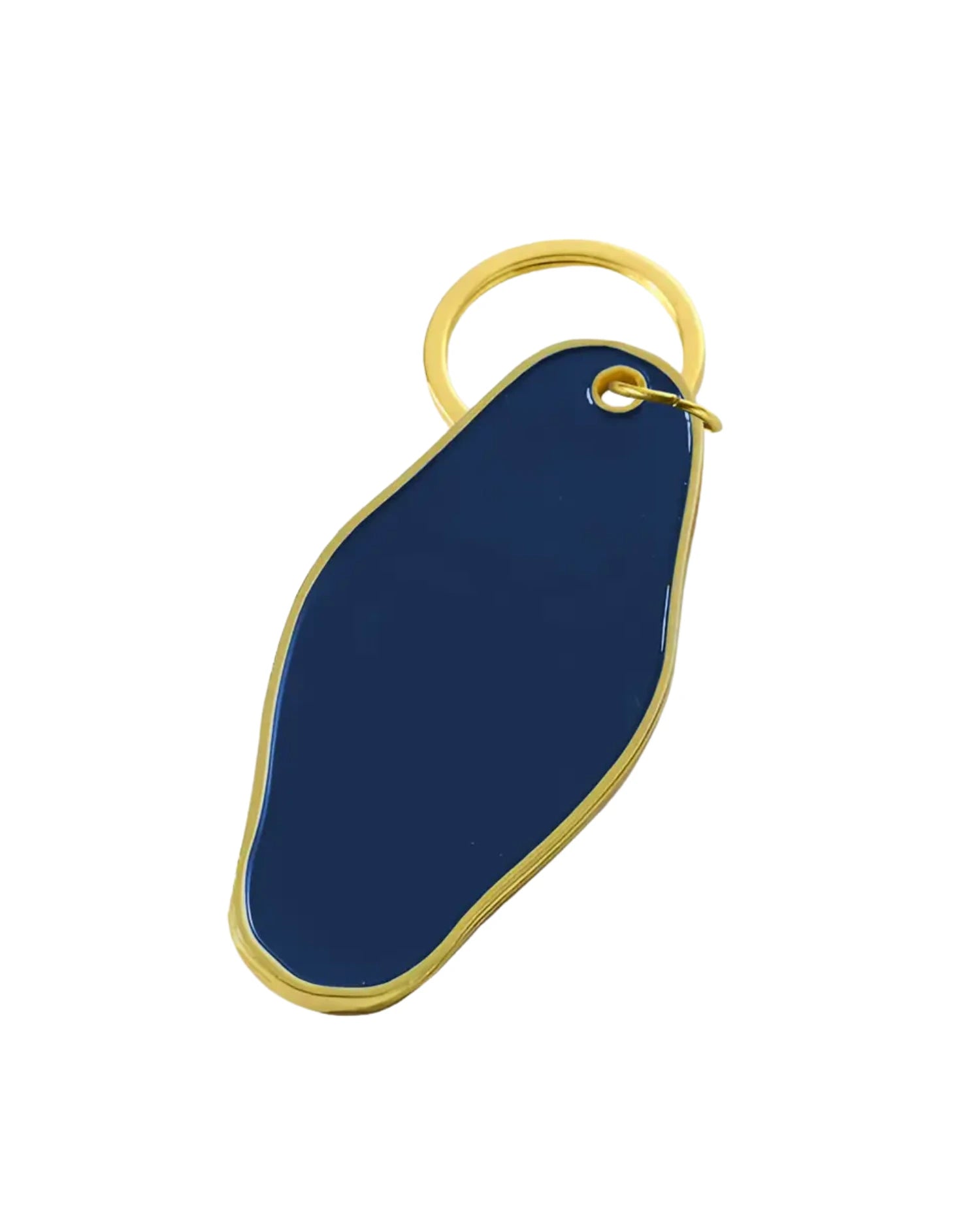 Back of navy blue keychain with gold accent on a white background.