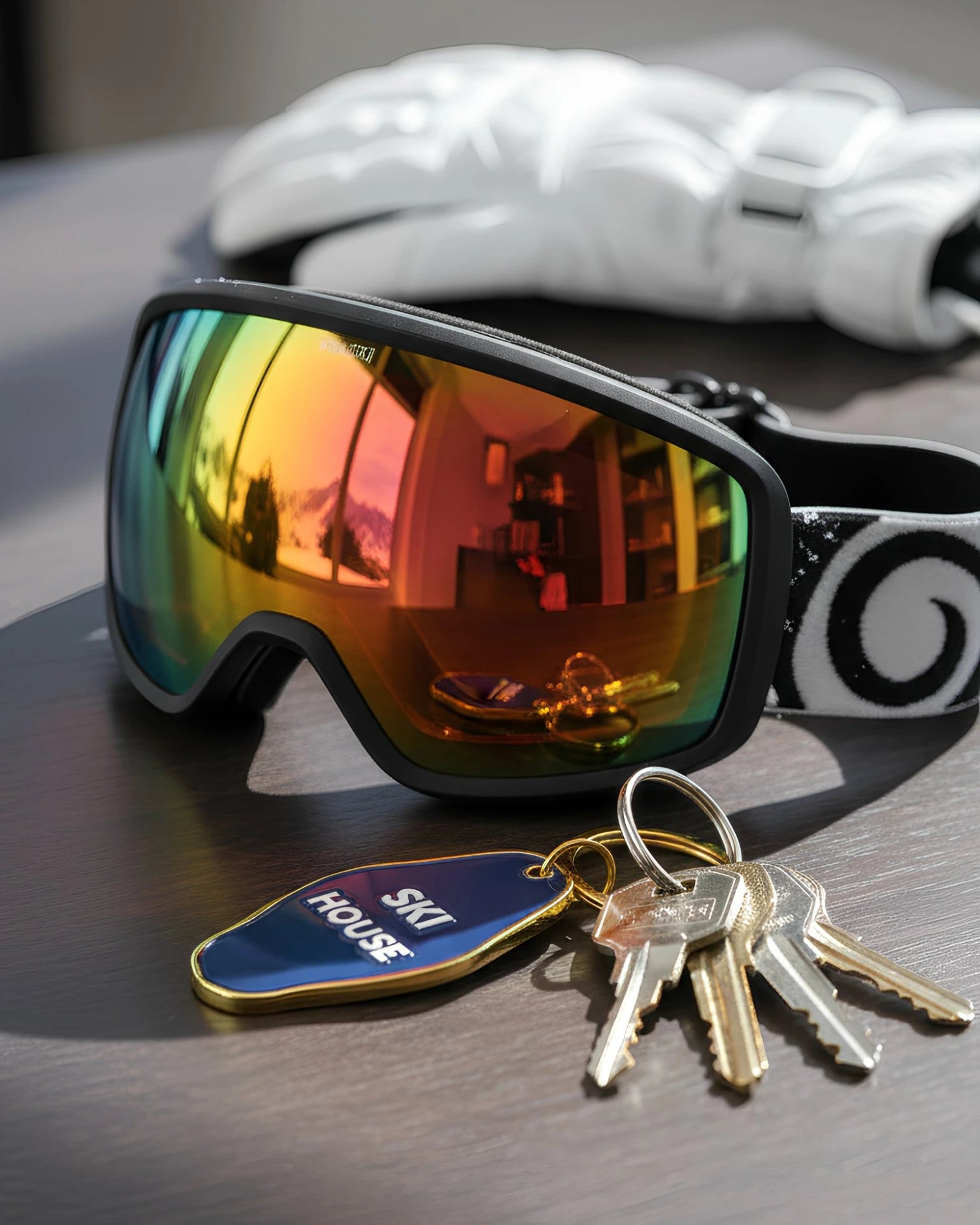 Ski goggles with colorful lens, keys, and a ski house keychain on a wood surface.