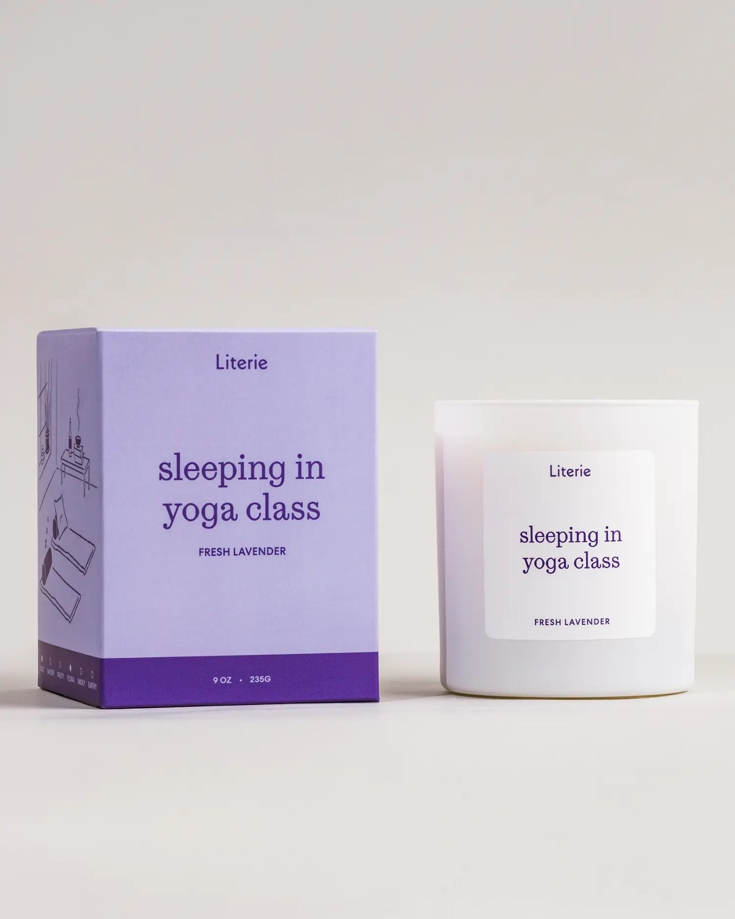 Literie 'Sleeping in Yoga Class' lavender candle and packaging on a light background