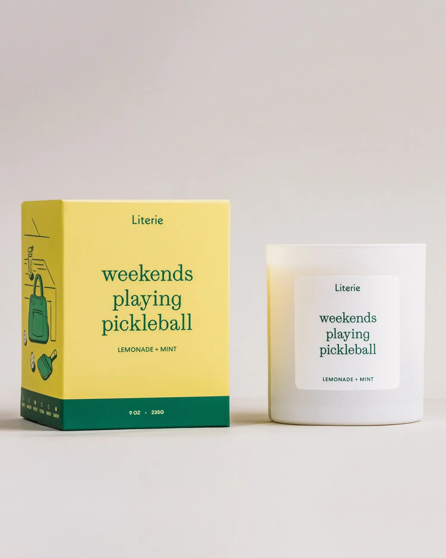 Literie candle and packaging with 'weekends playing pickleball' text on a light gray background