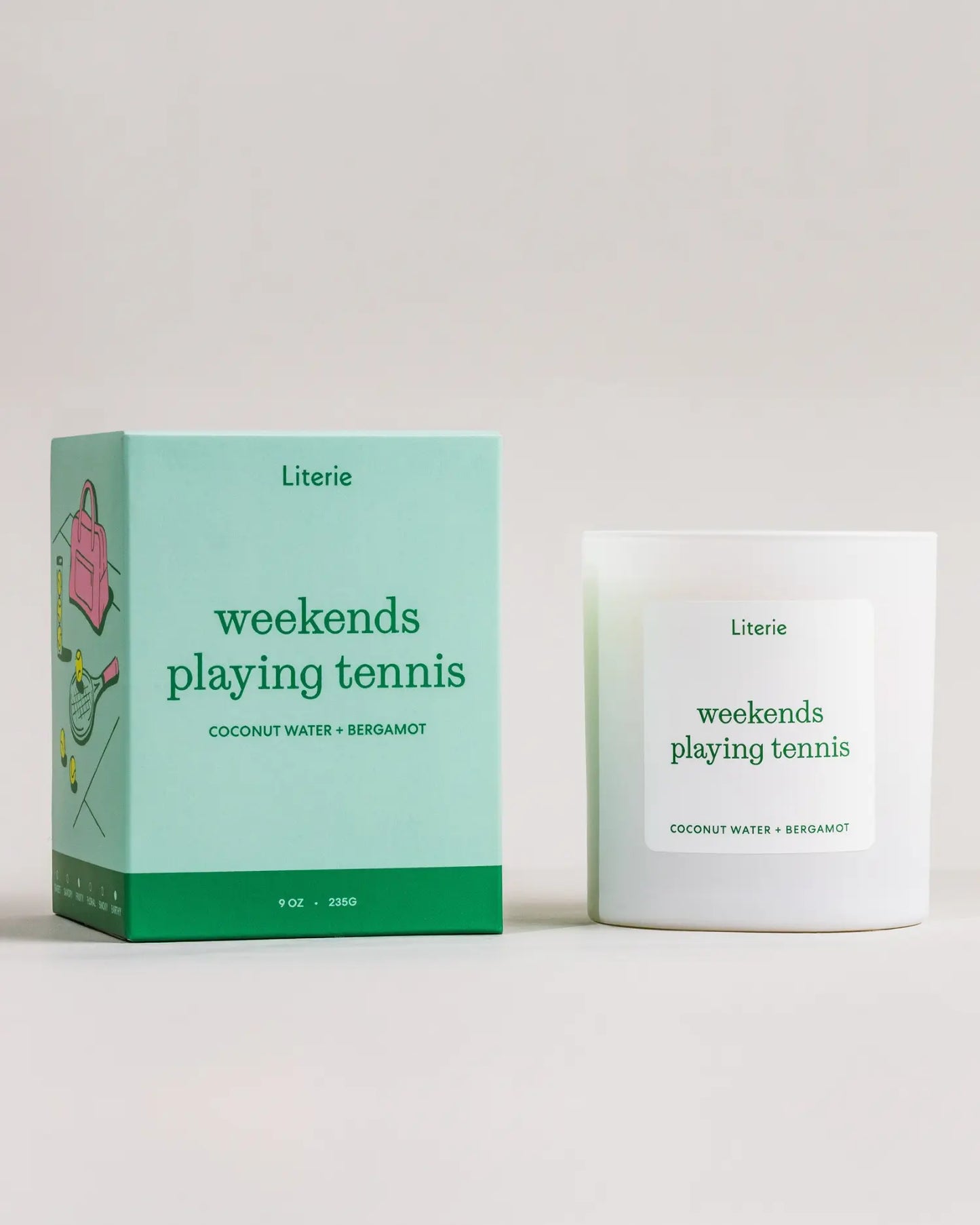 Literie ‘weekends playing tennis’ candle and packaging on a neutral background.