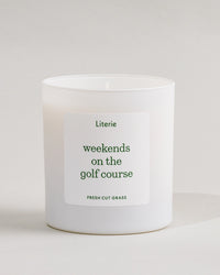'weekends on the golf course' candle by Literie on a white background