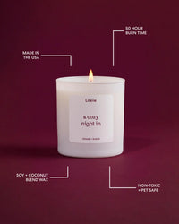 A lit white candle labeled 'Literie a cozy night in' on a dark burgundy background, surrounded by white callout lines with text reading 'MADE IN THE USA,' '50 HOUR BURN TIME,' 'SOY + COCONUT BLEND WAX,' and 'NON-TOXIC + PET SAFE.'.