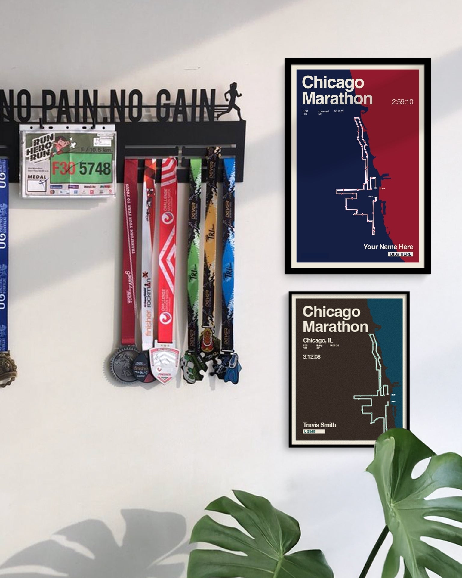 Wall with marathon-themed decor including framed posters and medals