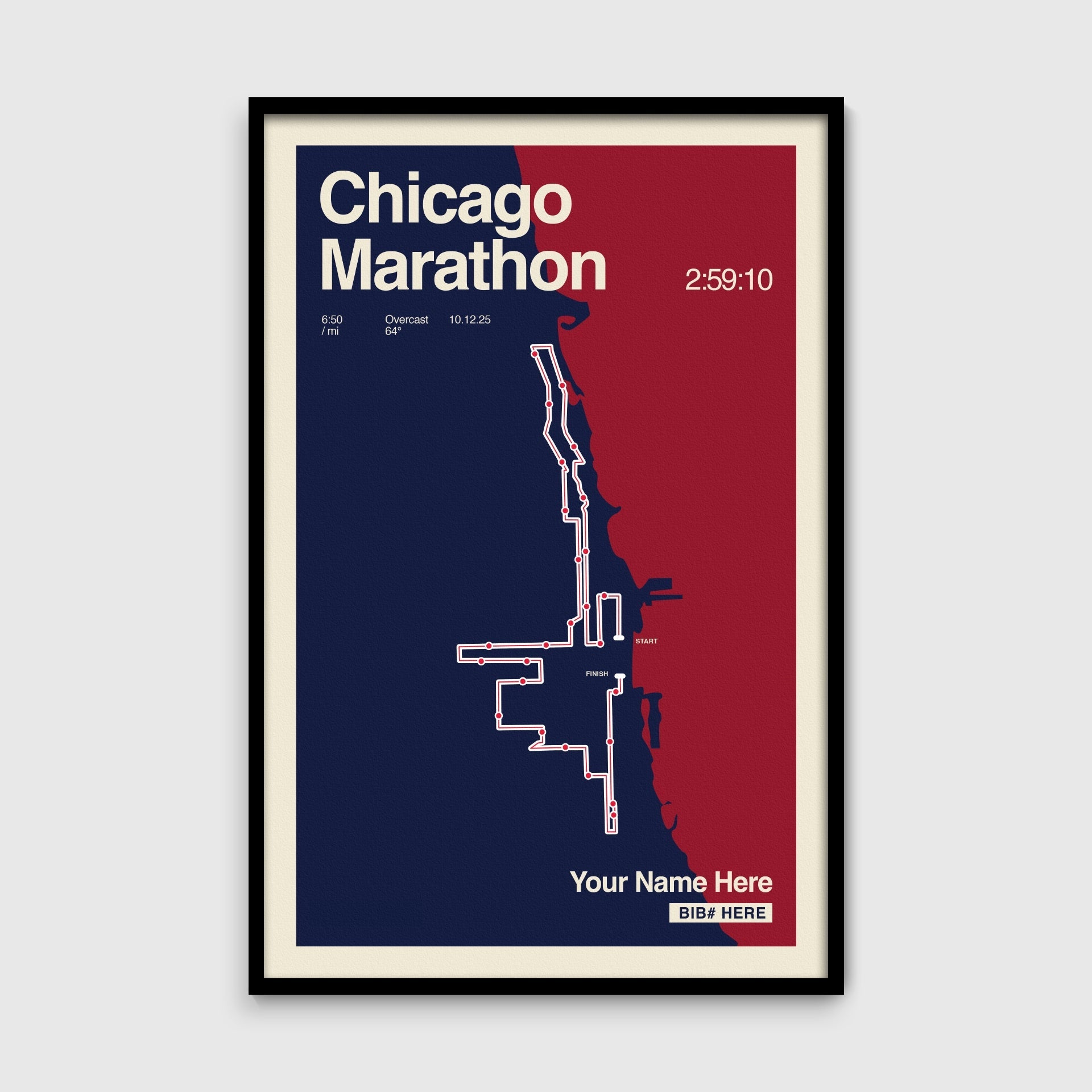 Framed poster of the Chicago Marathon route with a blue and red design.