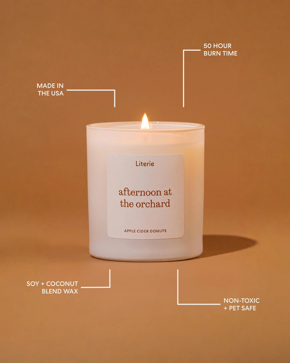 A lit Literie candle in a frosted glass jar on a warm tan background, with callout lines and text highlighting product features: 'Made in the USA,' '50 Hour Burn Time,' 'Soy + Coconut Blend Wax,' 'Afternoon at the Orchard,' and 'Non-Toxic + Pet Safe.' The label reads "afternoon at the orchard".