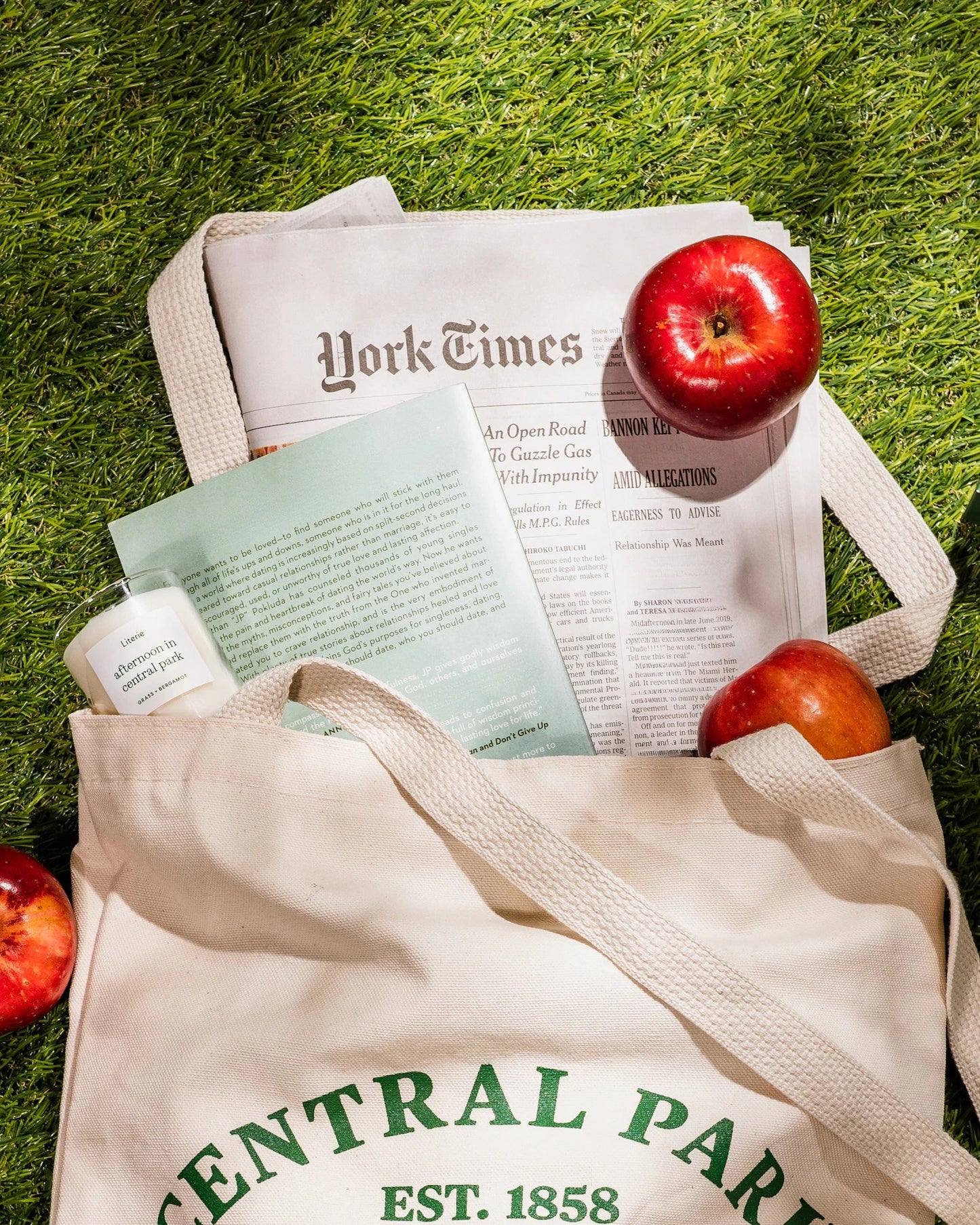 Beige tote bag with 'Central Park' text, 'afternoon in central park' little candle,  newspaper, and apples on grass.