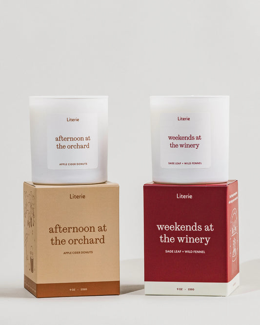 The 'all you can pick' candle duo with their packaging on a light gray background